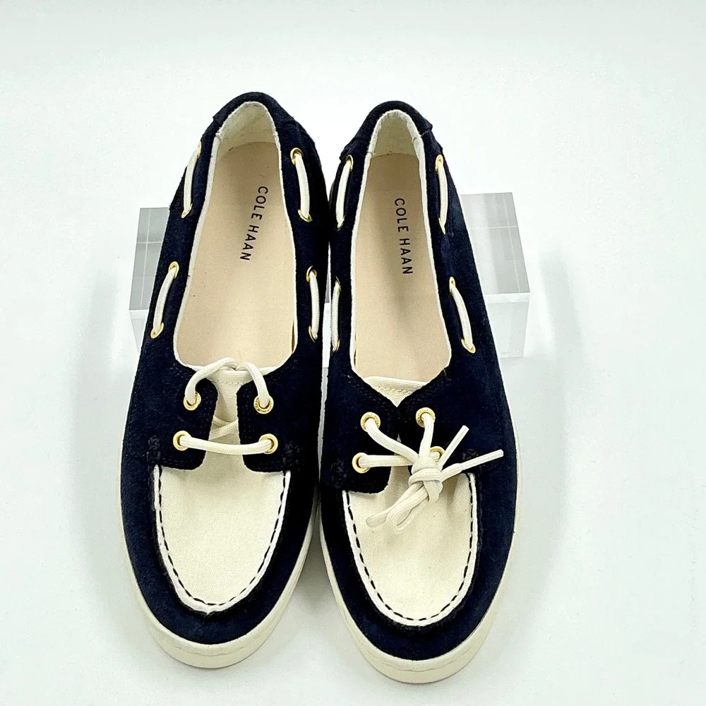 Cole Haan Size 8 Boat Shoe Navy Ivory Suede Lace Up NEW Nantucket $130